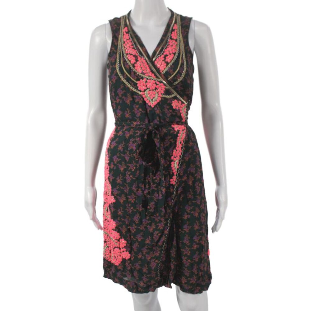 Vineet Bahl Women Wrap Dress Black Floral VNeck Sleeveless Tie Midi Size S
